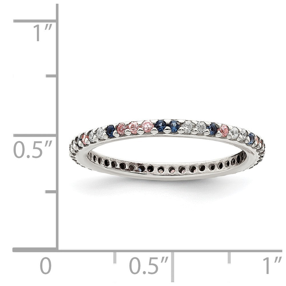 Sterling Silver Rhodium-plated with Blue, Pink & Clear CZ Ring