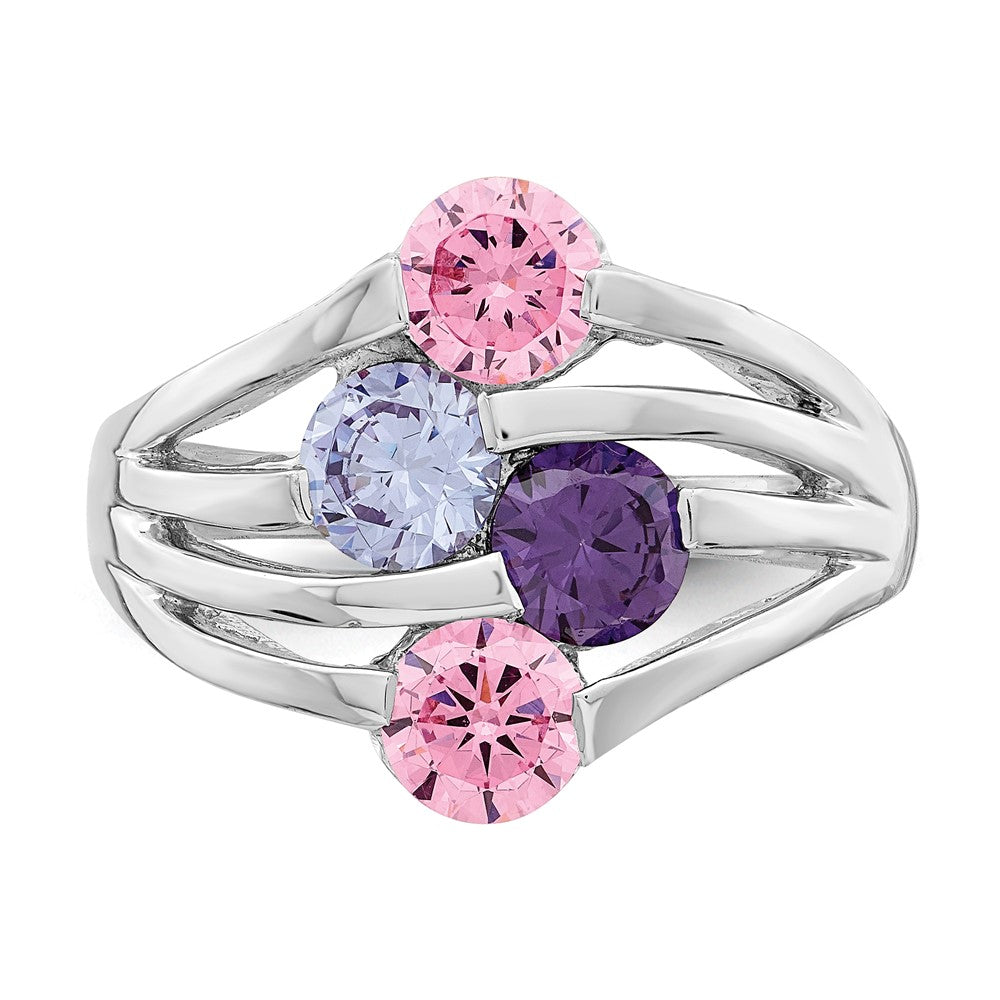 Sterling Silver Rhodium-plated Pink & Purple CZ 4-Bar Ring