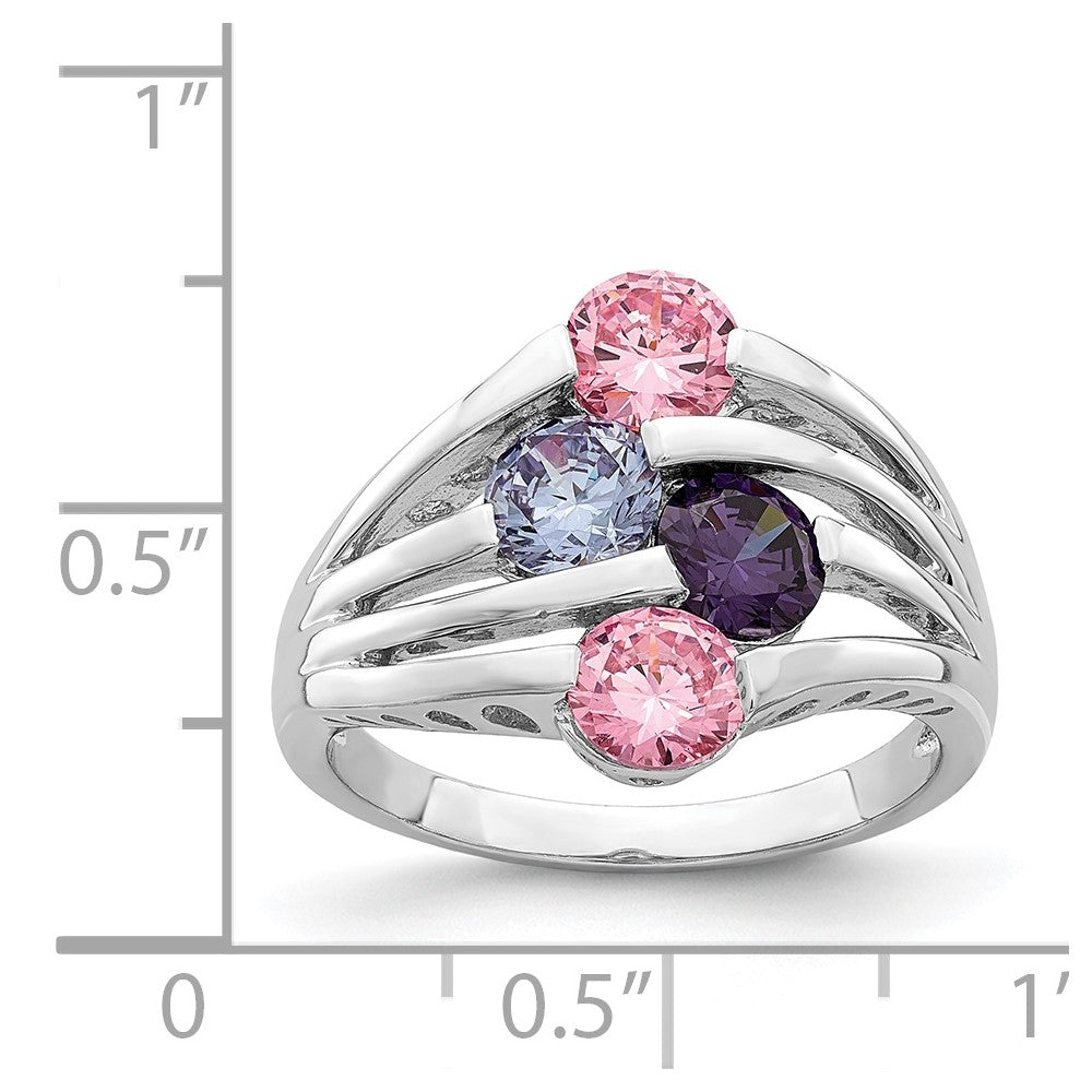 Sterling Silver Rhodium-plated Pink & Purple CZ 4-Bar Ring