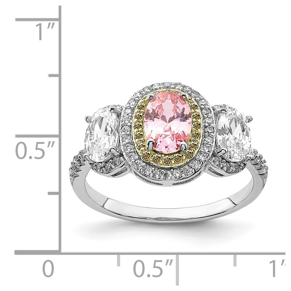 Sterling Silver Rhodium-plated Pink, White, & Yellow CZ Oval Cut Ring