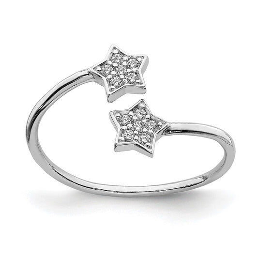 Sterling Silver Rhodium-Plated CZ Stars Bypass Adjustable Ring