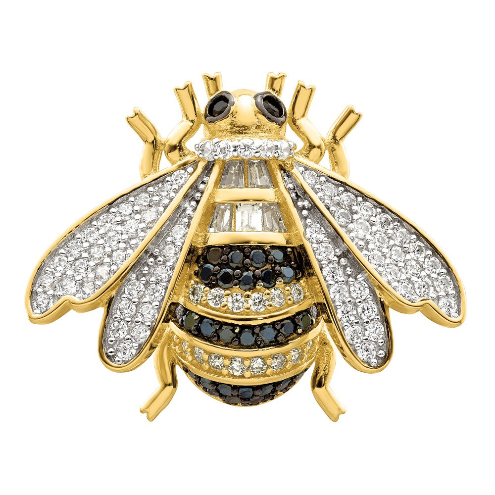 Sterling Silver Blk/White RH-plated Gold Tone CZ Bumblebee Ring