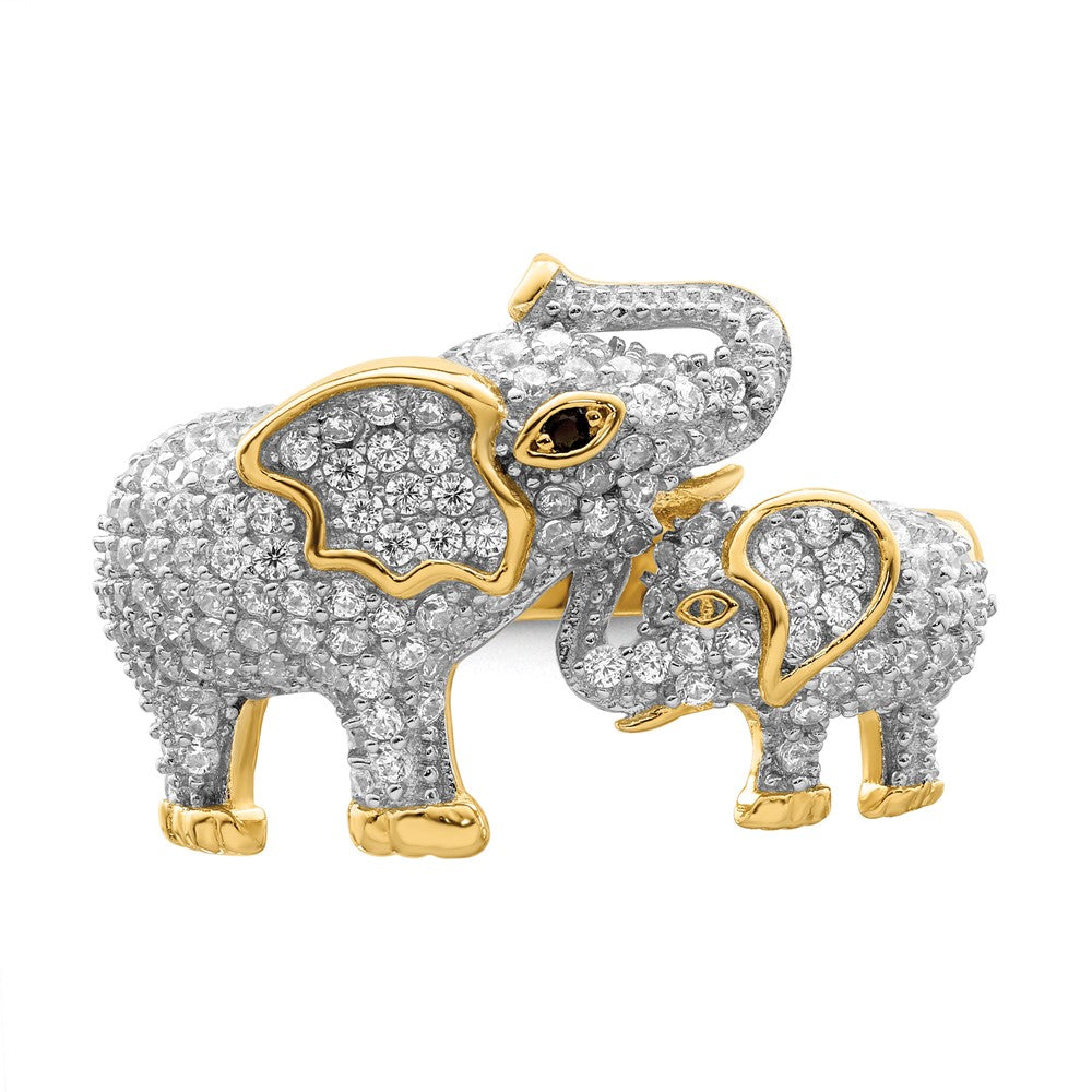 Sterling Silver Rhodium-plated Gold Tone Mom & CZ Elephants Ring