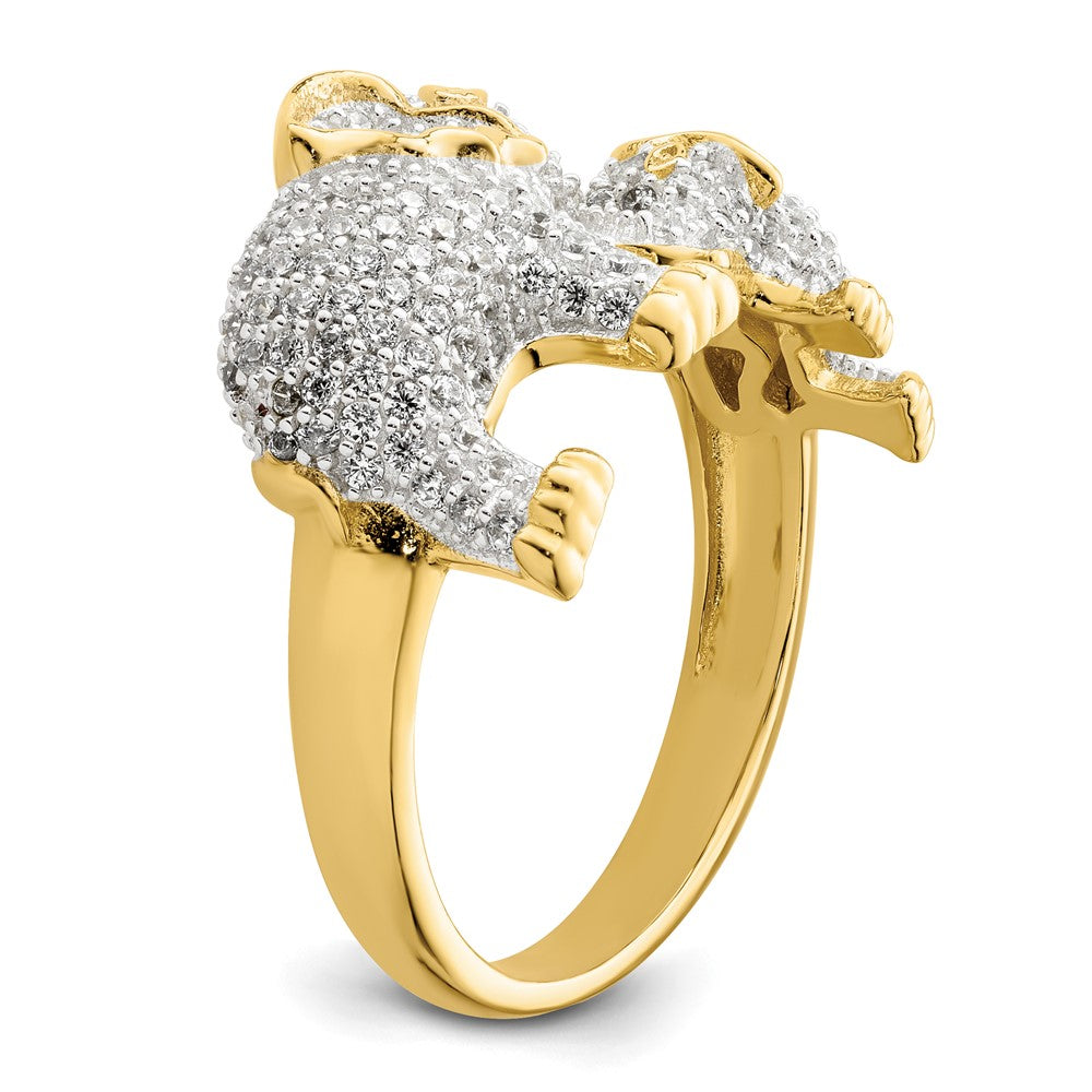 Sterling Silver Rhodium-plated Gold Tone Mom & CZ Elephants Ring