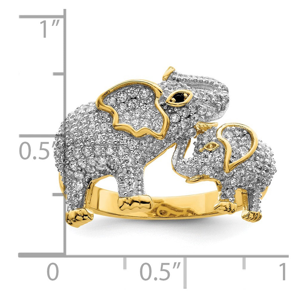 Sterling Silver Rhodium-plated Gold Tone Mom & CZ Elephants Ring