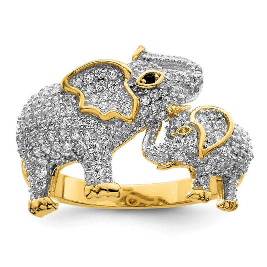 Sterling Silver Rhodium-plated Gold Tone Mom & CZ Elephants Ring