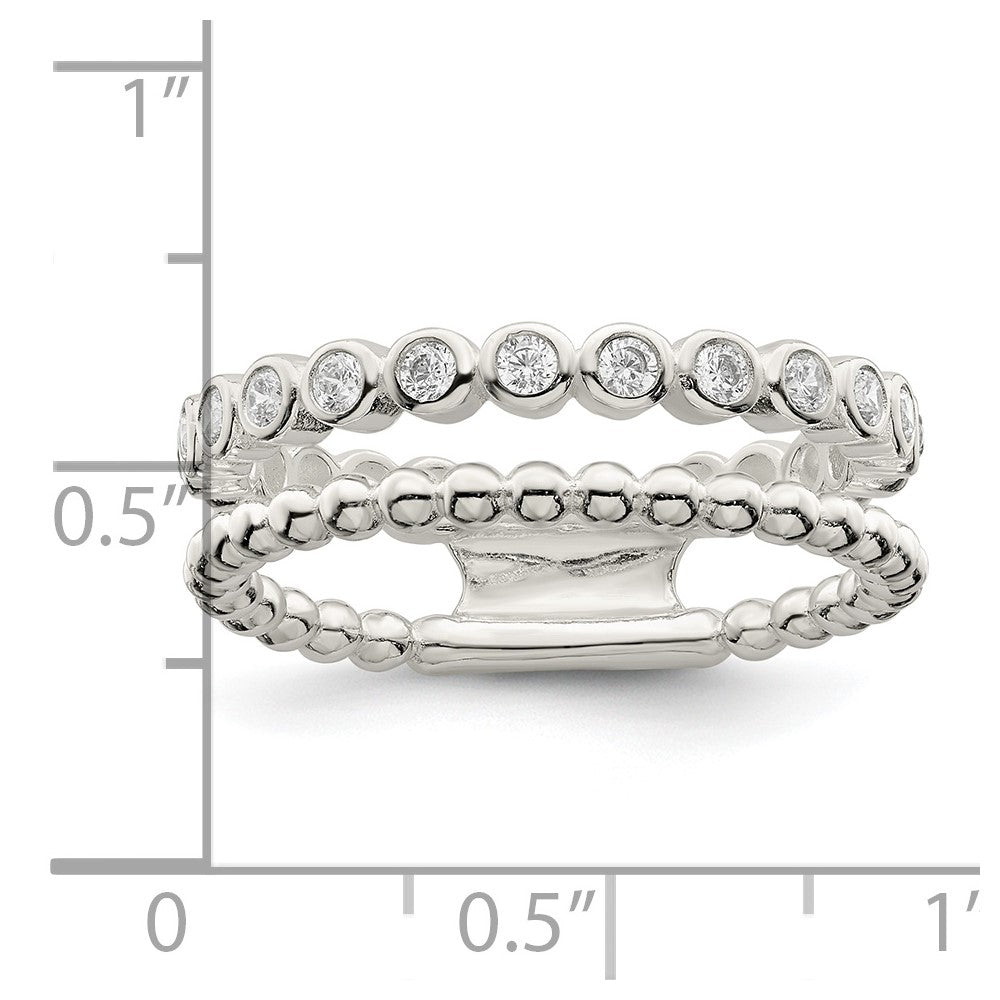Sterling Silver Polished CZ Beaded Double Fancy Ring
