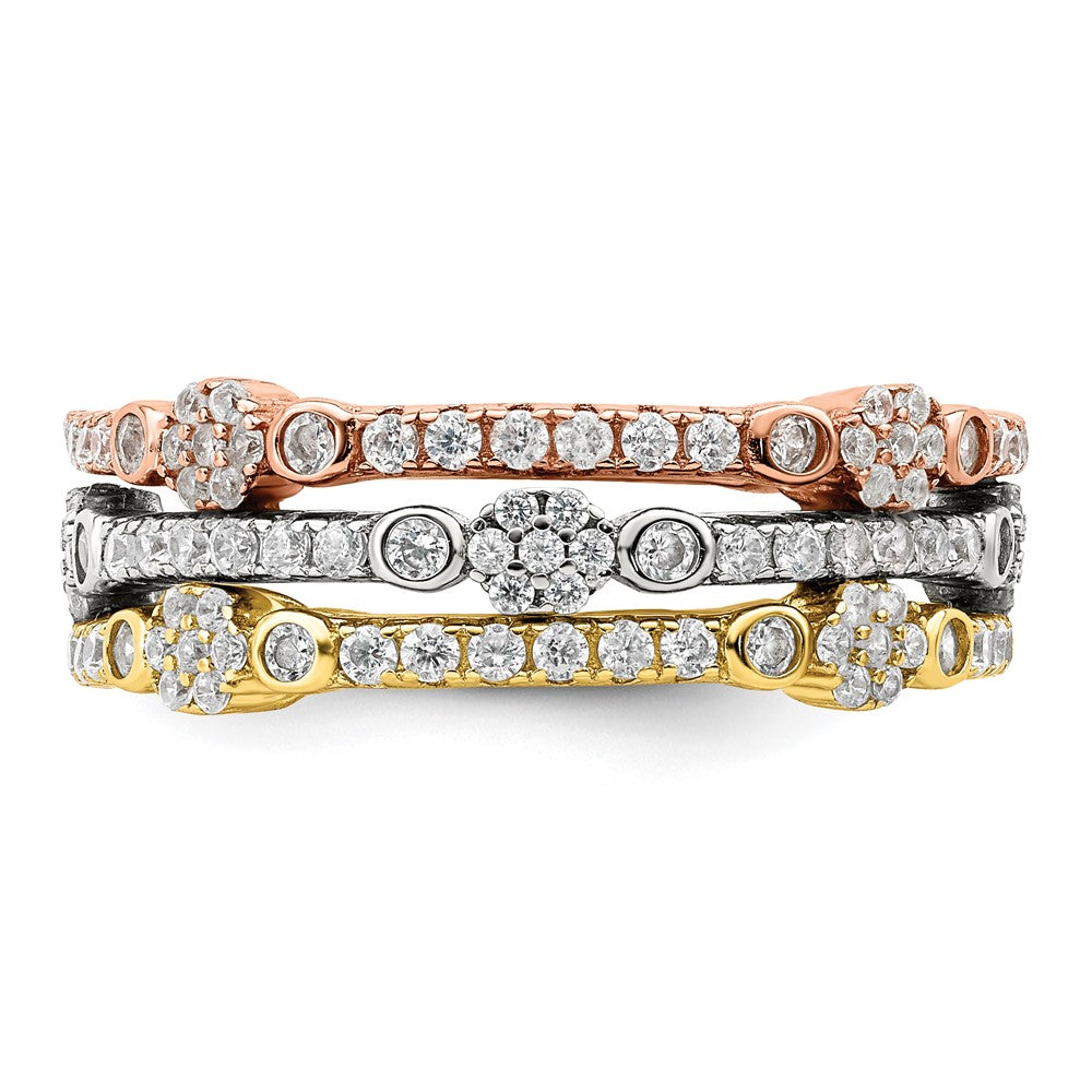 Sterling Silver Rose & Gold-tone Eternity CZ 3 Band Set