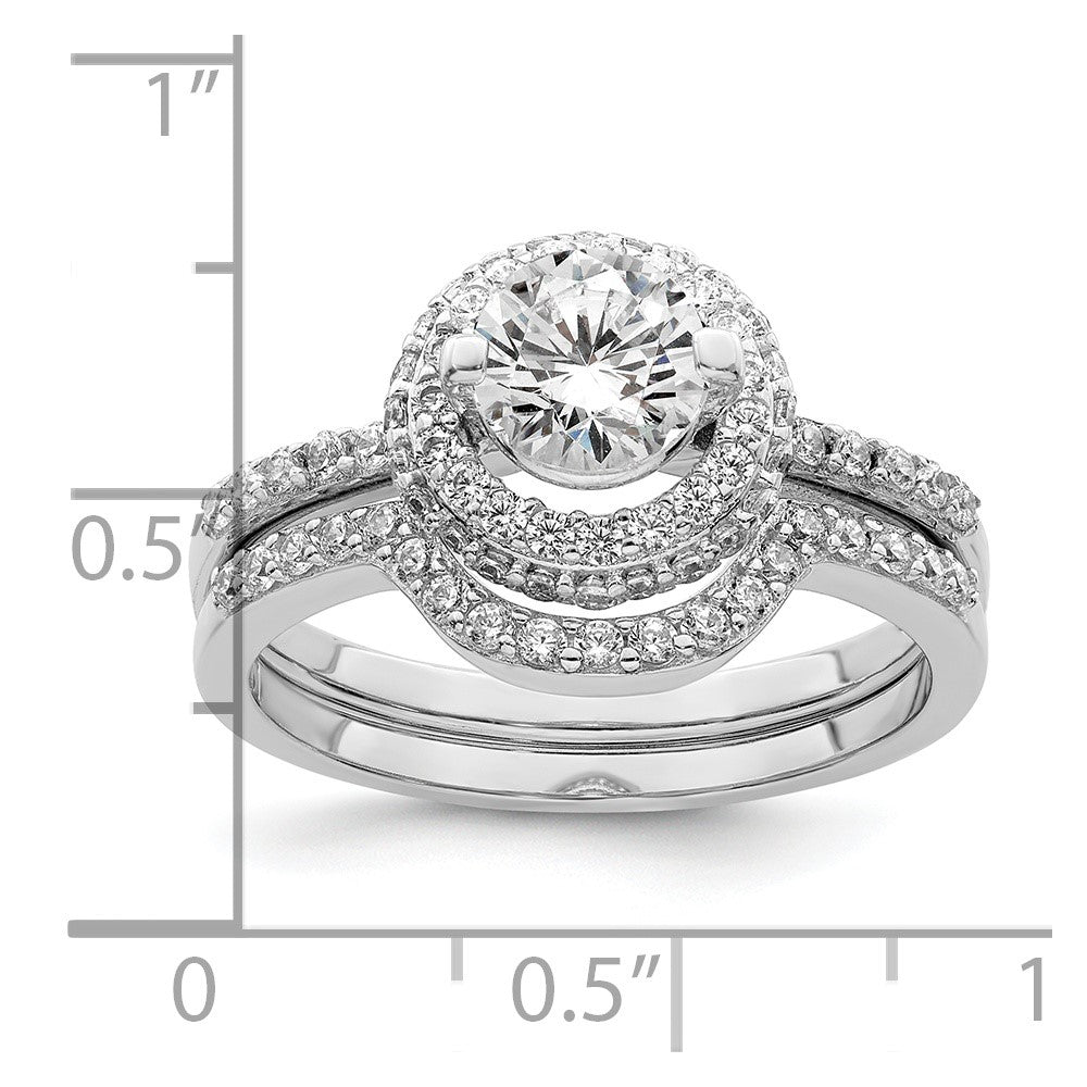 Sterling Silver Rhodium-plated CZ Halo Engagement Ring & Band Set