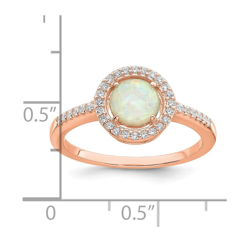 Sterling Silver Rose-tone White Created Opal CZ Halo Ring