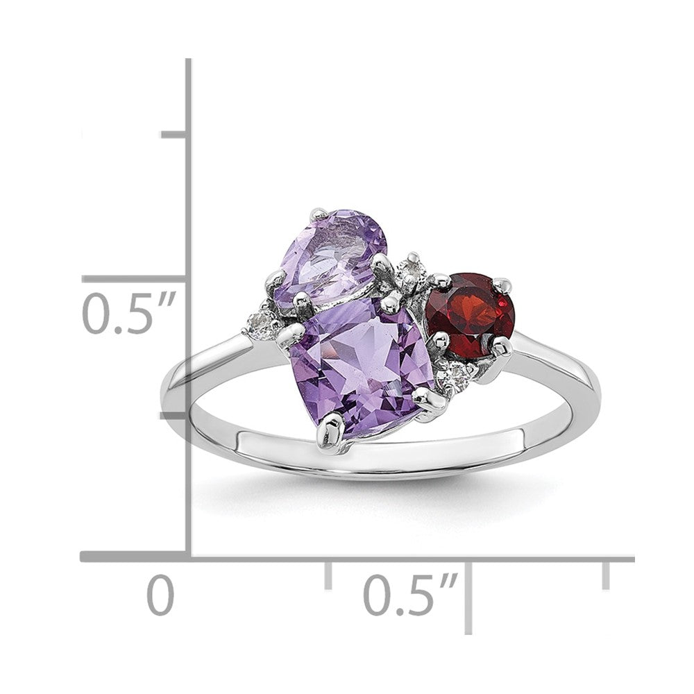 SS Rhodium Amethyst Pk Quartz Garnet and White Topaz Ring