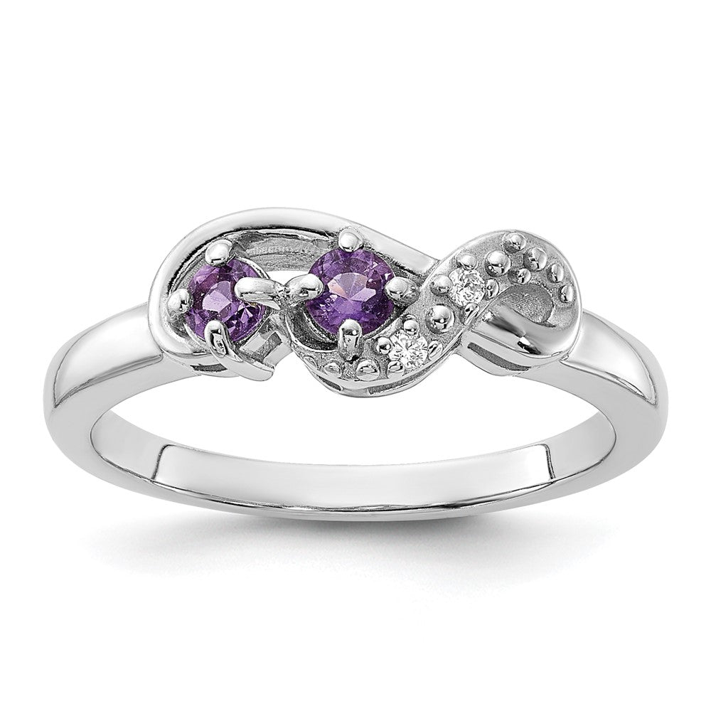 Sterling Silver Rhodium-plated Amethyst and CZ Swirl Ring