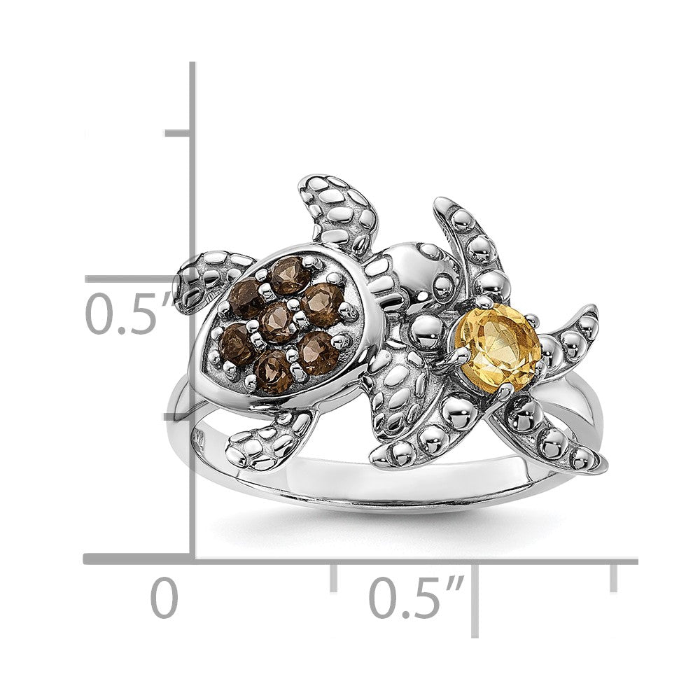 Sterling Silver Rh-plated Smoky Quartz and Citrine Turtle and Starfish Ring