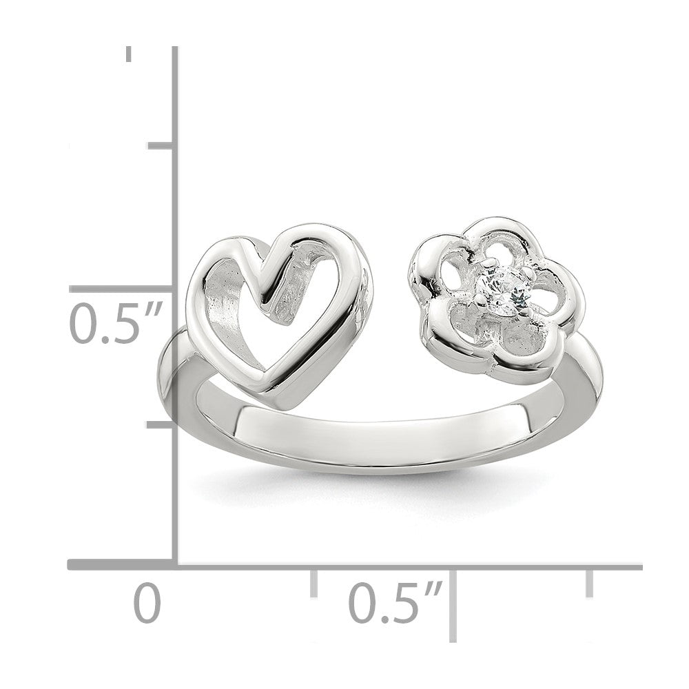 Sterling Silver Polished CZ Flower and Heart Open Ring