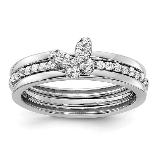 Sterling Silver RH-plated CZ Butterfly Ring with Two Plain Bands 3 Ring Set