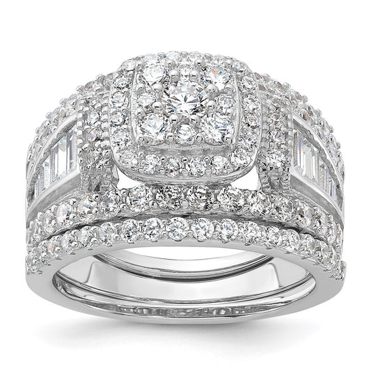 Sterling Silver Rhodium-plated CZ Engagement Ring w/2 Bands 3 Ring Set