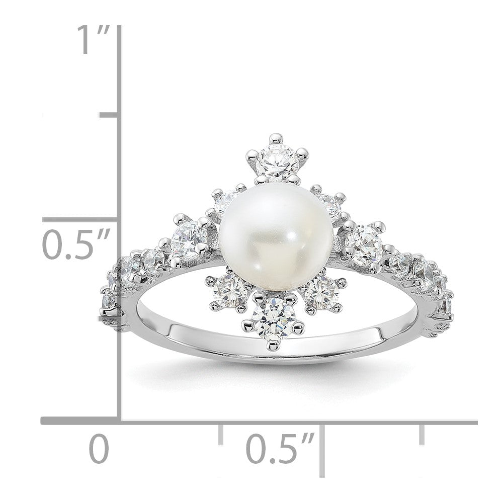Sterling Silver Rhodium-plated 6-7mm White FWC Pearl and CZ Ring