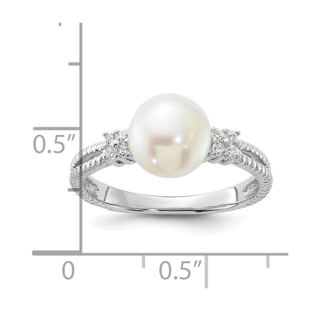 Sterling Silver Rhodium-plated 8-9mm White Button Freshwater Cultured Pearl and CZ Ring