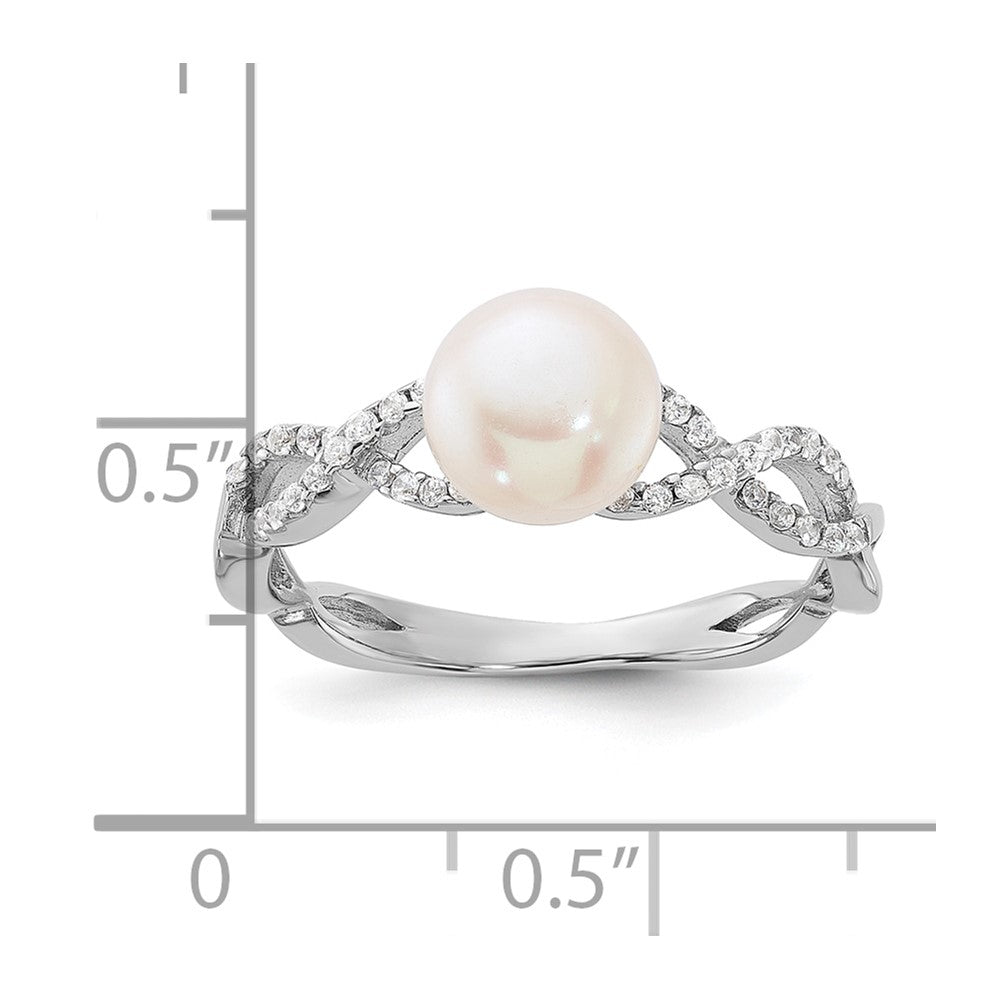 Sterling Silver Rhodium-plated 7-8mm White Freshwater Cultured Pearl and CZ Infinity Ring