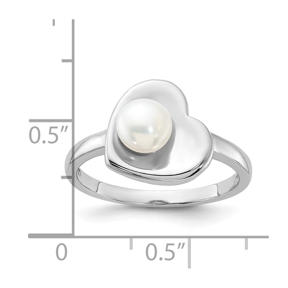 Sterling Silver Rhodium-plated 5-6mm White Freshwater Cultured Pearl Heart Ring