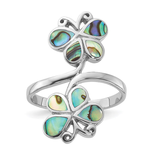 Sterling Silver Rhodium-Plated Polished Abalone Double Butterfly Ring