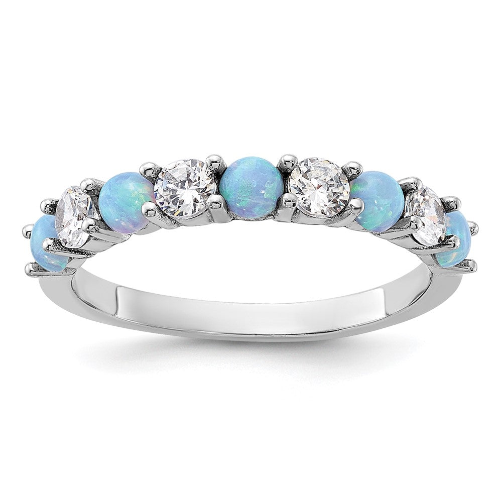 Sterling Silver Rhodium-plated Blue Created Opal and CZ Ring