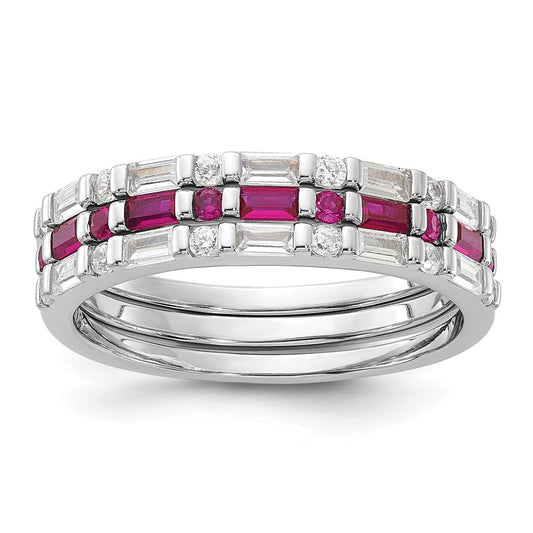 Sterling Silver Rhodium-plated Lab Created Ruby and CZ 3 Ring Set