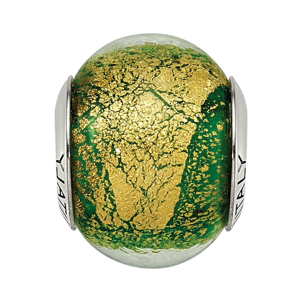 Sterling Silver Reflections Green/Gold Italian Murano Bead