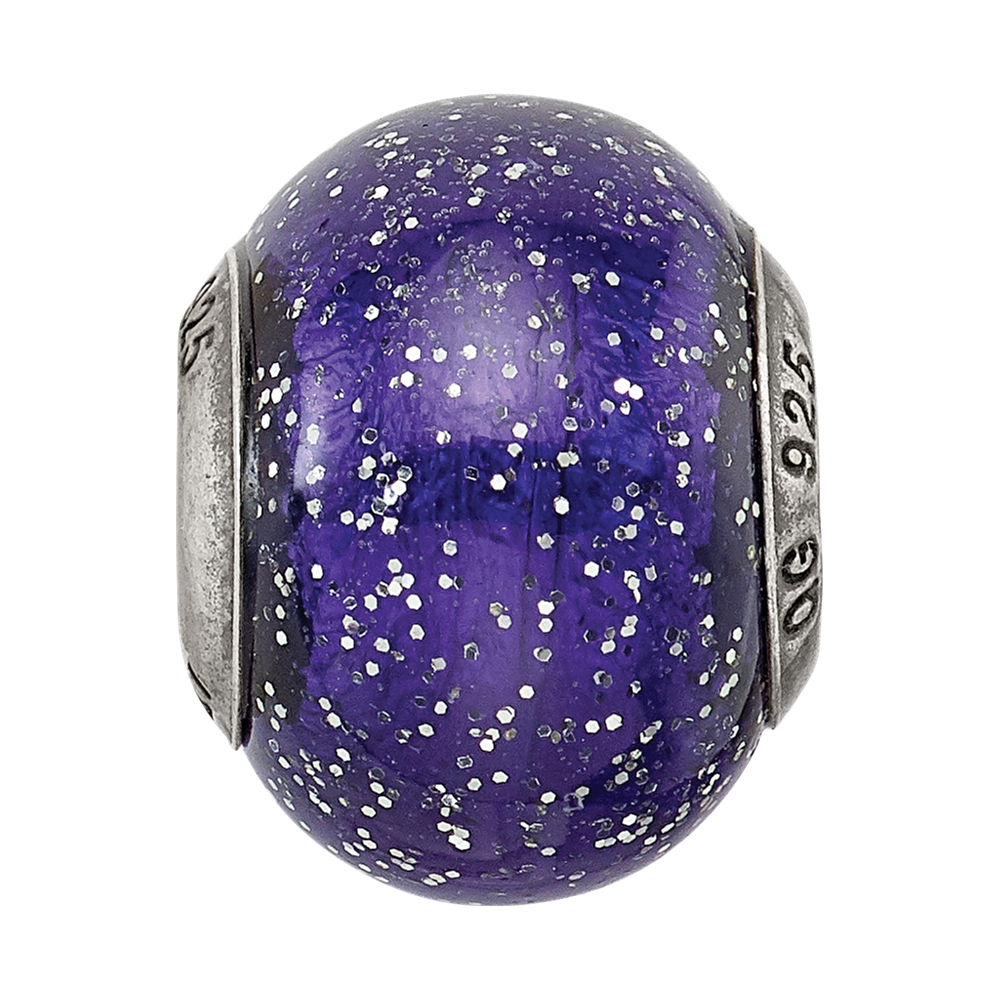Sterling Silver Reflections Dark Blue w/Silver Glitter Italian Murano Bead