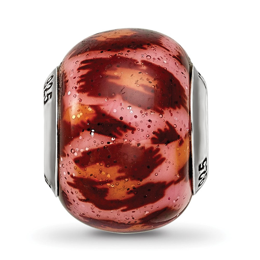 Sterling Silver Reflections Pink & Brown w/Glitter Overlay Glass Bead