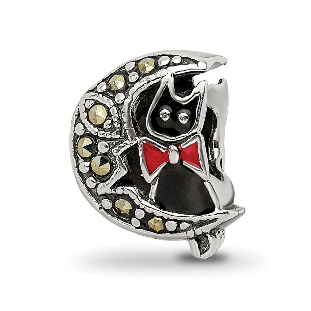 Sterling Silver Reflections Marcasite & Enameled Cat & Moon Bead