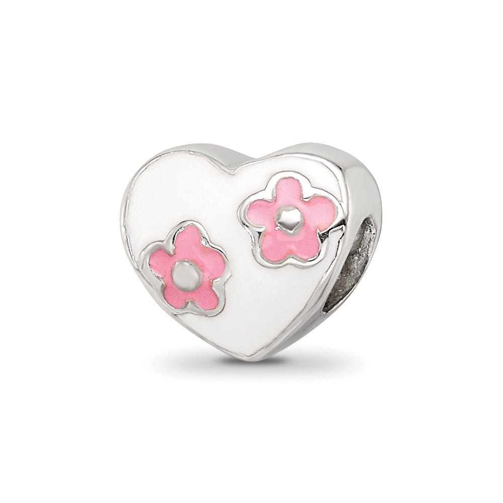 Collection Sterling Silver Enameled White Heart with Pink Flowers Reflections Bead