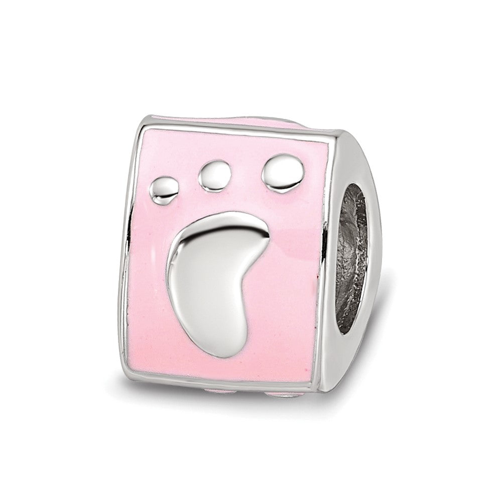 SS Reflections Rh-plated Pink Enamel 3-sided Footprint Bead