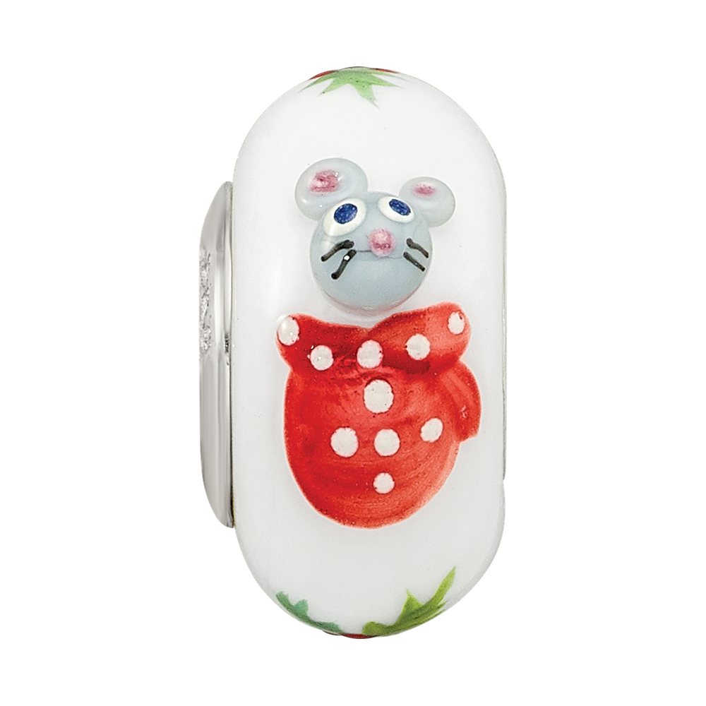 Ster.Silver Reflections Hand Painted Christmas Mouse Fenton Glass Bead
