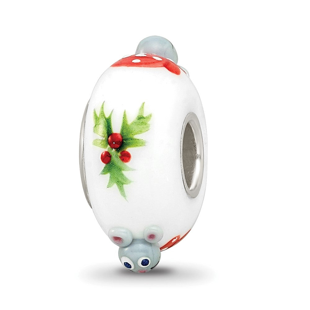 Ster.Silver Reflections Hand Painted Christmas Mouse Fenton Glass Bead