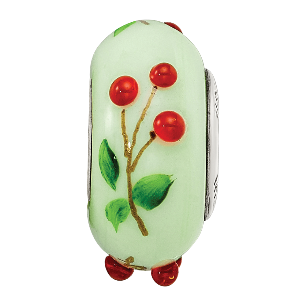 Ster.Silver Reflections Green Hand Painted Cherries Fenton Glass Bead