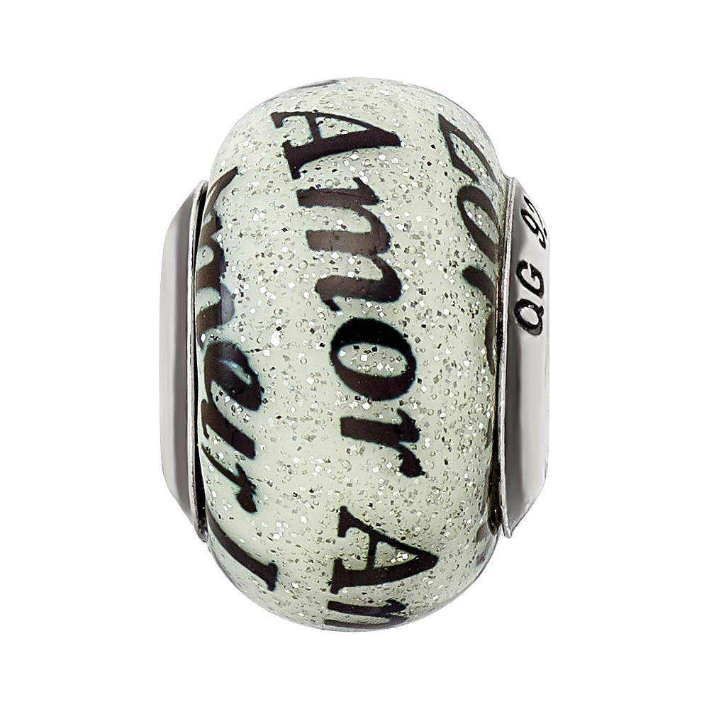 Sterling Silver Reflections Love/Amor Black & White Glitter Italian Glass