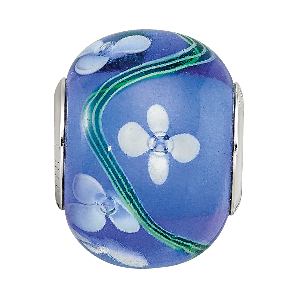 Sterling Silver Reflections Rhodium-plated White Floral Blue Glass Bead