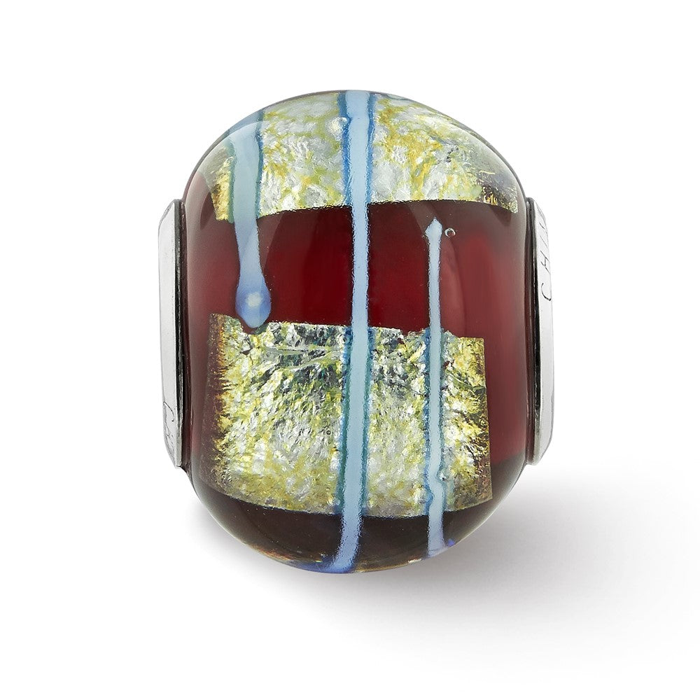 Sterling Silver Reflections Rhodium-plated Foil Striped Red Glass Bead