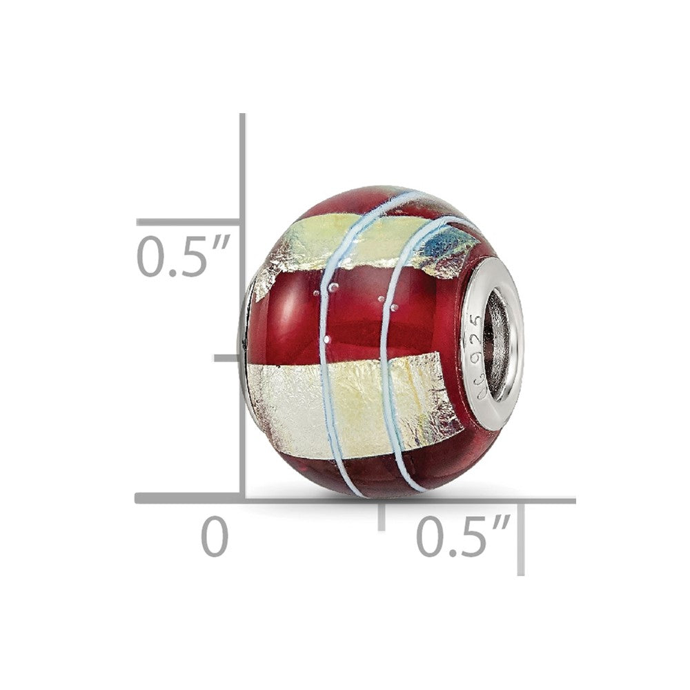 Sterling Silver Reflections Rhodium-plated Foil Striped Red Glass Bead