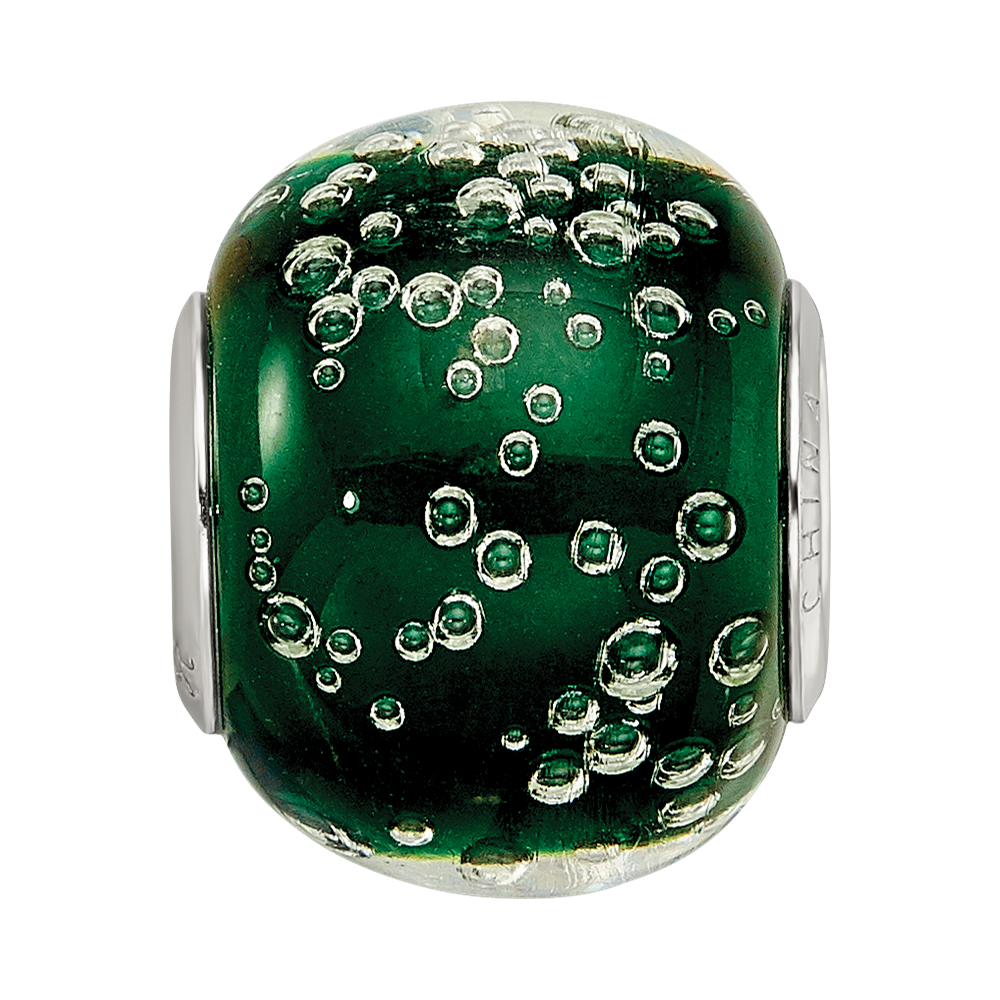 Sterling Silver Reflections Rh-plated Bubbles Green Glass Bead