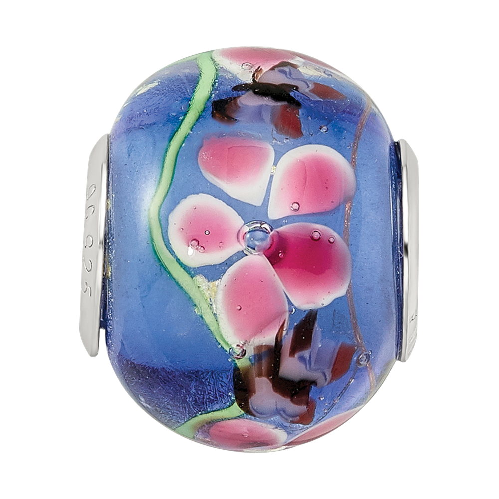 Sterling Silver Reflections Rh-plated Butterfly Pink Floral Blue Glass Bead
