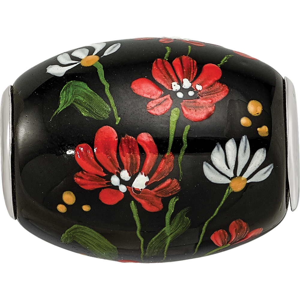 Ster.Silver Reflections Hand Paint Ebony Bouquet Large Fenton Glass Bead
