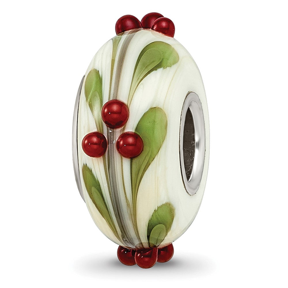 Ster.Silver Reflections Hand Paint Magical Holly-Days Fenton Glass Bead