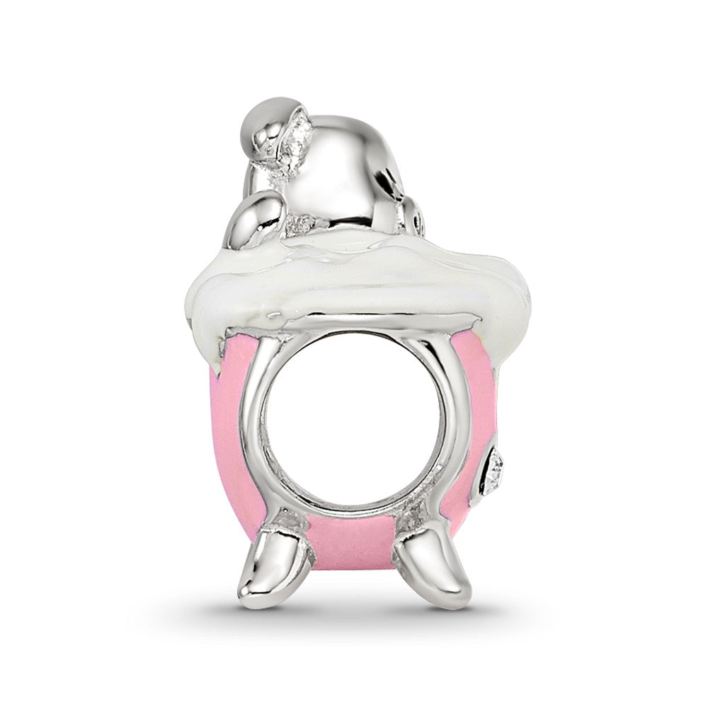 Sterling Silver Reflections Rh-plated Pink Enamel & CZ Pig In Bathtub Bead