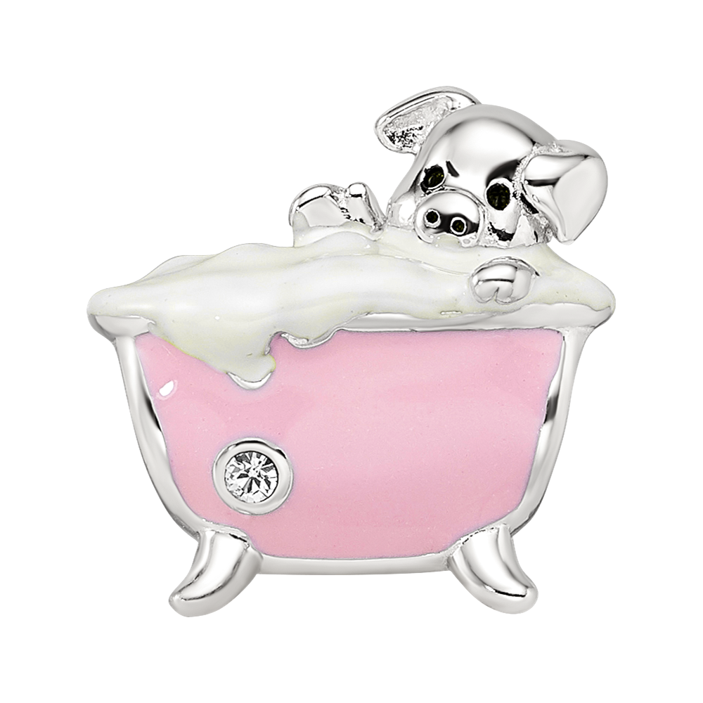 Sterling Silver Reflections Rh-plated Pink Enamel & CZ Pig In Bathtub Bead