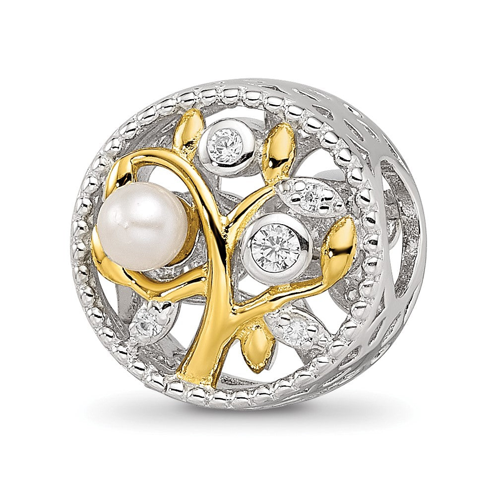 Sterling Silver Reflections Rh-plate Gold-tone FWC Pearl & CZ Tree Bead