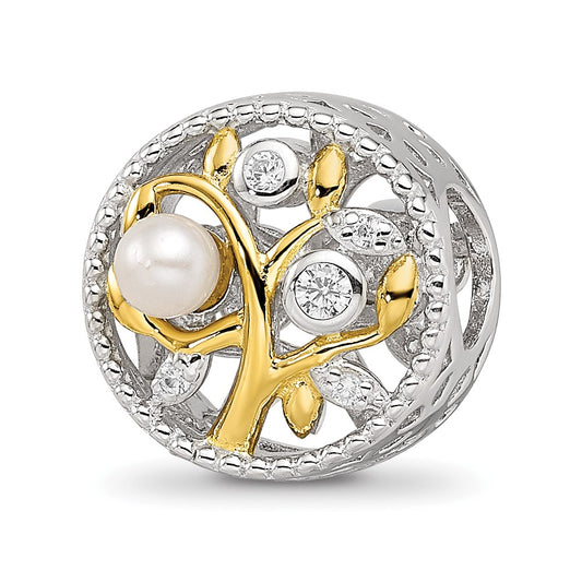 Sterling Silver Reflections Rh-plate Gold-tone FWC Pearl & CZ Tree Bead