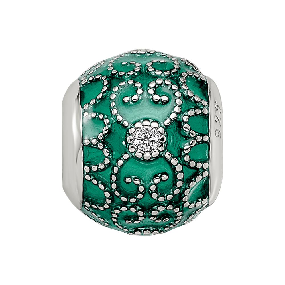 Sterling Silver Reflections Rh-plated CZs Green Enameled Bead
