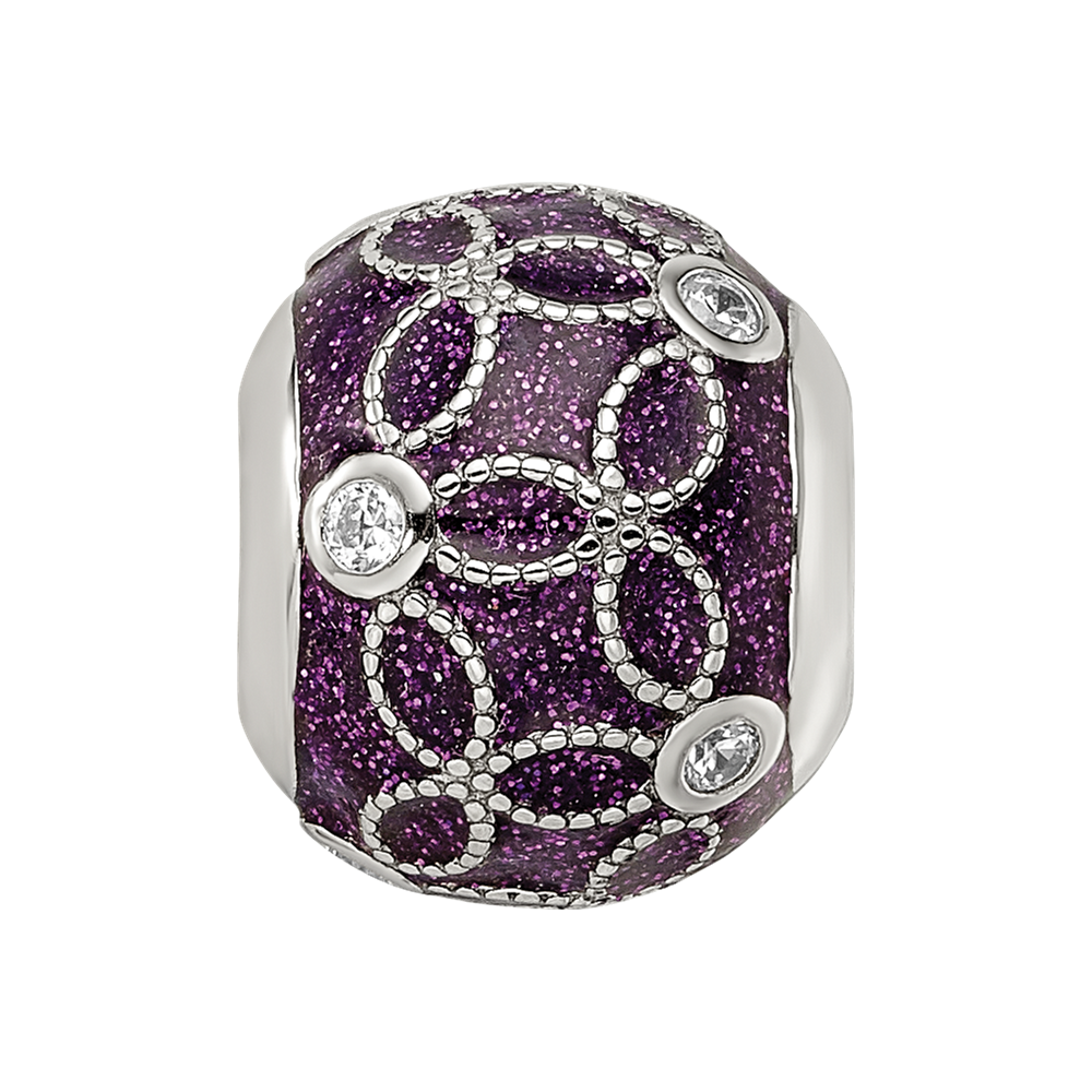 Sterling Silver Reflections Rh-plated CZs Sparkling Purple Enamel Bead